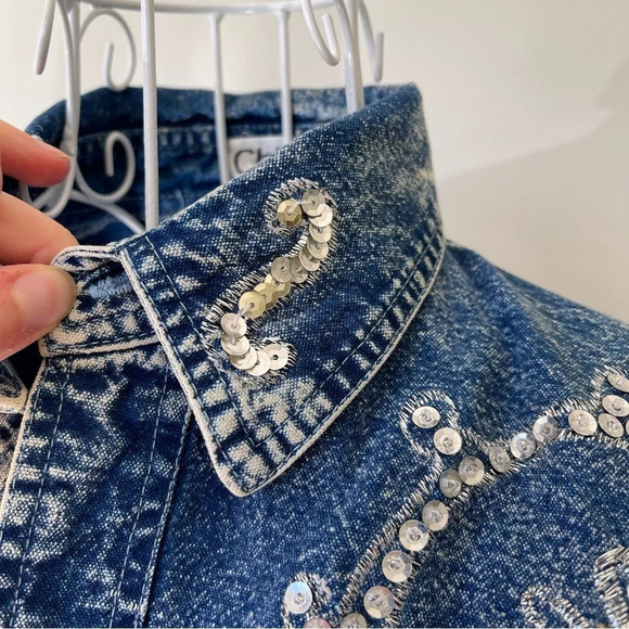 Vintage chill out 80s Acid Washed Embroidered embellished Denim shacket M/L - Picture 4 of 9